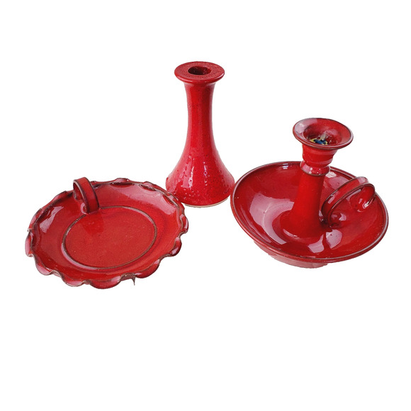 Vintage Owens Pottery 3PC Set Hand Crafted Candle Holder Red Handled Collectible - Picture 1 of 13